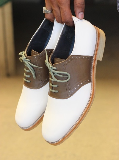 Men's Handmade Formal Shoes White & Olive Green Leather Lace Up Stylish Crepe Sole Dress & Casual Wear Shoes