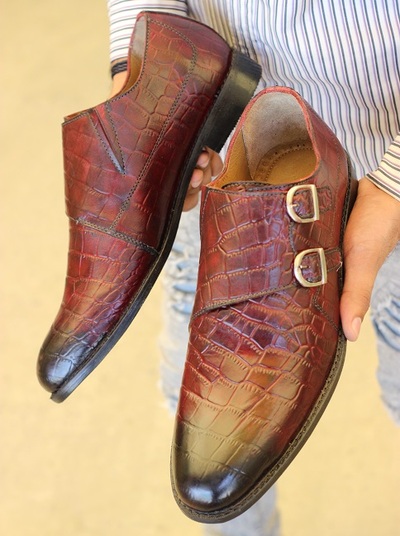Men's New Handmade burgundy Crocodile Textured Leather Stylish Double Monk Strap Dress & Casual Wear Shoes