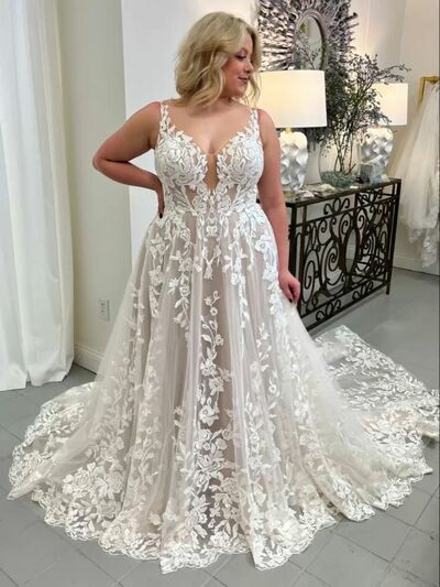 Plus Size Boho Lace Appliques Wedding Dress Bridal Dresses