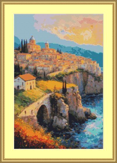 Cliff Top Village Cross Stitch Pattern