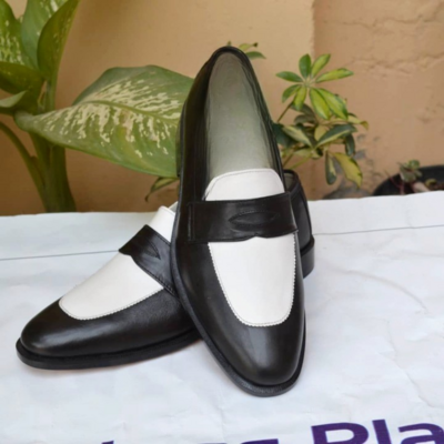 Crafted leather handmade black white leather moccasin loafers dress shoes - Thumbnail 4