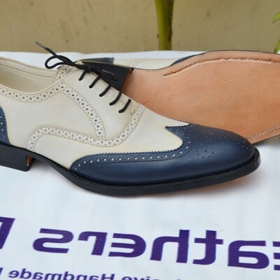 Crafted Leather Bespoke Men's Dress Shoes Blue Beige Leather Wingtip Oxford