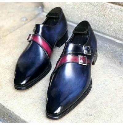 Handmade Men's Premium Blue Patina Leather Dual Monk Buckle Shoes