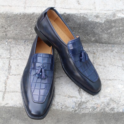 Crafted leather blue leather crocodile alligator tassel loafers classic dress shoes for men  - Thumbnail 3