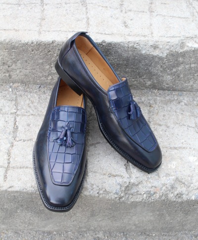 Crafted Leather Blue Leather Crocodile Alligator Tassel Loafers Classic Dress Shoes For Men