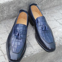 Crafted Leather Blue Leather Crocodile Alligator Tassel Loafers Classic Dress Shoes For Men  - Thumbnail 1