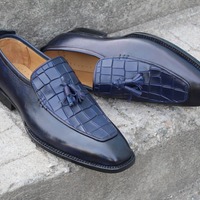 Crafted Leather Blue Leather Crocodile Alligator Tassel Loafers Classic Dress Shoes For Men  - Thumbnail 3