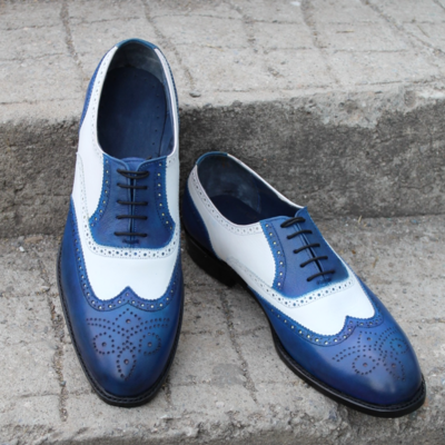 Crafted leather bespoke handmade men dress shoes blue white leather wingtip oxford - Thumbnail 4
