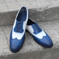 Crafted Leather Bespoke Handmade Men Dress Shoes Blue White Leather Wingtip Oxford - Thumbnail 1