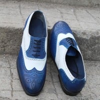 Crafted Leather Bespoke Handmade Men Dress Shoes Blue White Leather Wingtip Oxford - Thumbnail 6