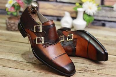 New Men's Handmade Formal Shoes Two Tone Brown Leather Double Buckle Monk dress & Casual Wear Shoes