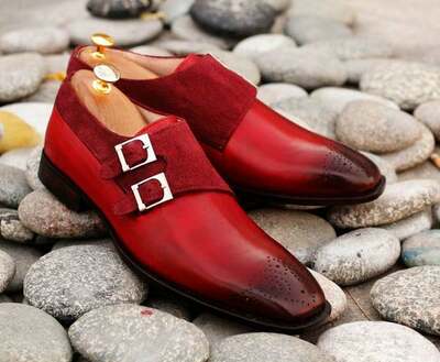 Handmade Pure Leather & Suede Burgundy Color Double Monk Strap Brogue Toe Dress Shoes