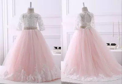 Blush Pink With Ivory Lace A line Flower Girls Dress Cheap Long Pearls Ribbon Keyhole Back Lace up Tulle First Communion Dress