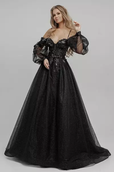 Black Gothic Wedding Dresses Gowns Off the Shoulder Long Sleeves Sequins Tulle Sparkle Goth Bridal Robes