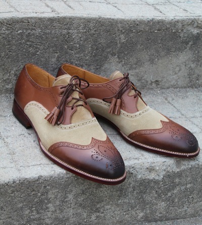Crafted Leather Handmade Brown Leather Beige Suede Ghillie Lacing Wingtip Oxford Dress Shoes