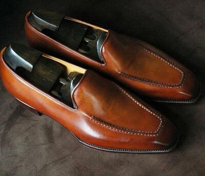 Luxury Hand Stitch Leather Brown Moccasin Formal Wear Shoes