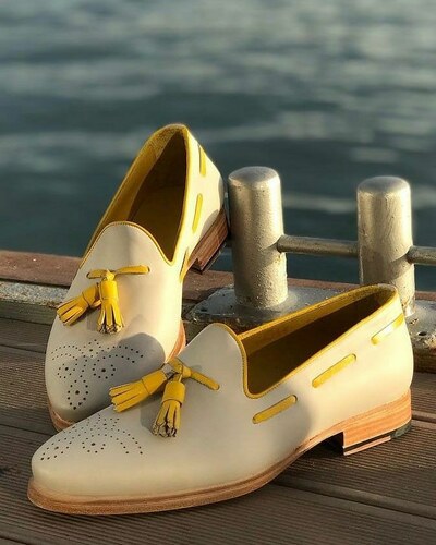 Men's Handmade Gray & Tan Leather Tassels Slip Ons