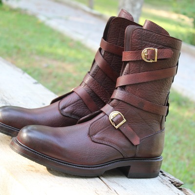 Crafted leather classic dress shoes burgundy leather military strap ankle high boot - Thumbnail 3