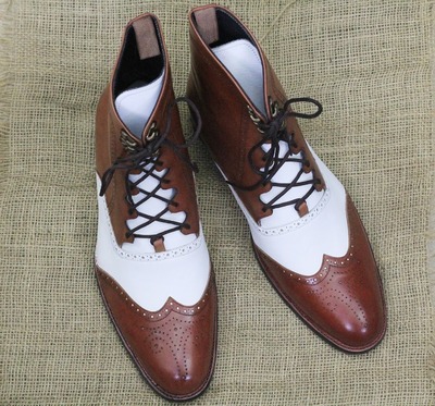 Handmade Ankle High Two Tone Criss Cross Genuine Leather Boot For Men's