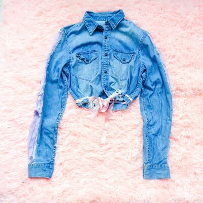Upcycled Denim Coquette Cropped Jacket | Vintage Reconstructed XS-S | Pink Ribbon Waist Detail