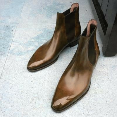 Crafted Leather Custom Made Men's Brown Patina Chelsea Dress Boot