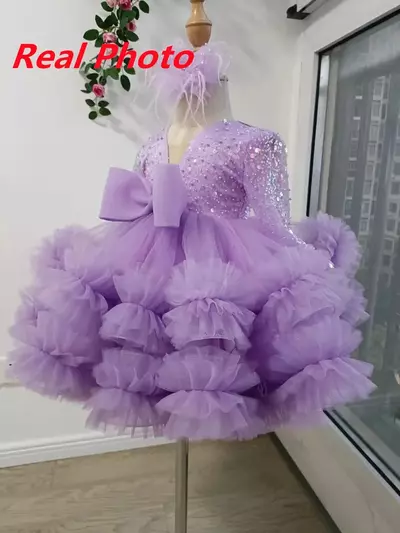 Girl's Dresses Luxury Flower Girl Dress Scoop Neck Puff Girls Party Dresses for Wedding Short Sleeves Tulle Kids Christmas Ceremonial Dress