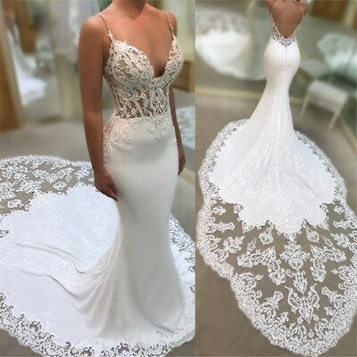 Sexy Mermaid Spaghetti Straps Wedding Dresses | 2020 Lace Open Back Bridal Gowns,1026