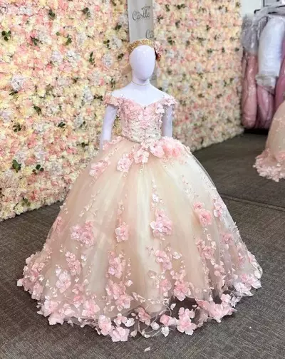 Off Shoulder Princess Mini Quinceanera Dresses for Girls 3D Floral Applique Little Princess Wedding Party Flower Girl Dress