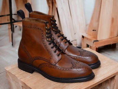 Handmade Men's Brown Genuine Leather Boot, Wing Tip Lace Up Boot