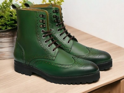 Ankle High Green Leather Handmade Boot, Men's Wing Tip Boot