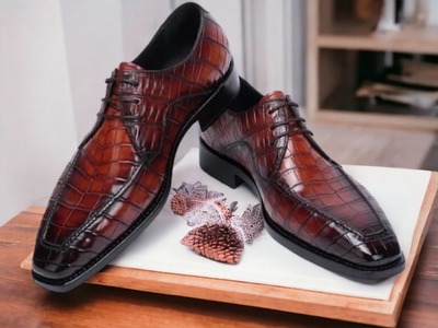 Handmade Men's Two Shaded Brown Alligator Print Leather Shoes