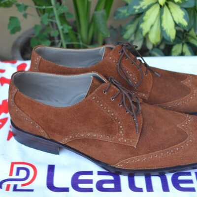 Crafted leather brown suede leather wingtip oxford lace up dress shoes for men  - Thumbnail 3