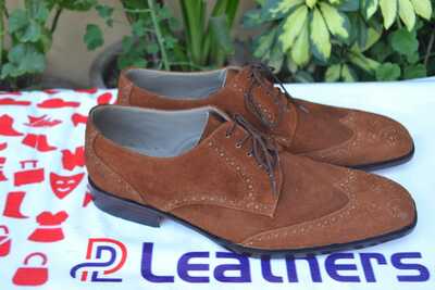 Crafted Leather Brown Suede Leather Wingtip Oxford Lace up Dress Shoes For Men
