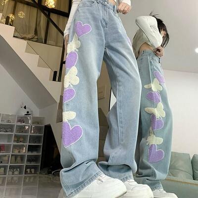 High Waist Purple Heart Butterfly Wide Leg Baggy Jeans Denim Pants