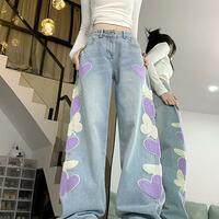 High Waist Purple Heart Butterfly Wide Leg Baggy Jeans Denim Pants - Thumbnail 1