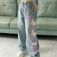 High Waist Purple Heart Butterfly Wide Leg Baggy Jeans Denim Pants - Thumbnail 2