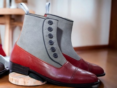 Handmade Ankle High Two Tone Leather Suede Boot, Men's Button Top Boot