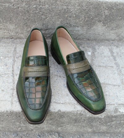 Crafted Leather Classic Men Alligator Dress Shoes Green Patina Exotic Crocodile Leather Moccasin Loafers