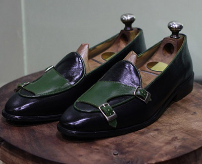 New Men's Handmade Shoes Black & Green Leather Double Buckle Slip On Dress & Casual Wear Loafer Boots
