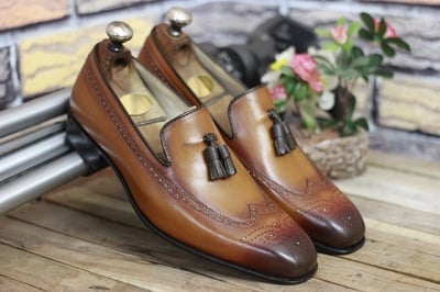 Men's New Handmade Leather Shoes Tan Brown Leather Teasels Slip On Stylish Loafer Wing Tip Dress & Formal Wear Shoes