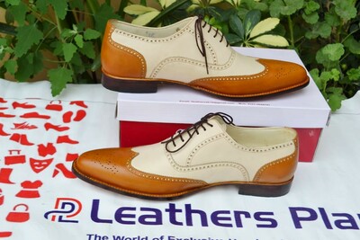 Crafted Leather Custom Made Dress Shoes Brown Beige Leather Wingtip Oxford