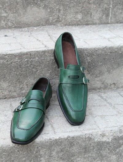 Crafted Leather Handmade Green Leather Double Monk Strap Dress Shoes