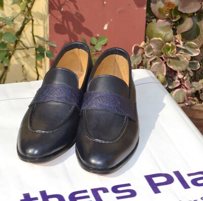 Crafted Leather Dark Blue Leather Classic Loafers Moccasin Dress Shoes For Men