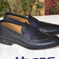 Crafted Leather Dark Blue Leather Classic Loafers Moccasin Dress Shoes For Men  - Thumbnail 1