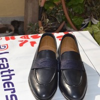 Crafted Leather Dark Blue Leather Classic Loafers Moccasin Dress Shoes For Men  - Thumbnail 2