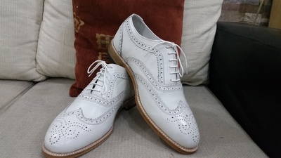 Crafted Leather Men Dress Shoes White Leather Wingtip Oxford