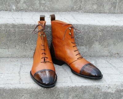 Crafted Leather Bespoke Dress Shoes Tan Dark Brown Leather Ankle High Lace up Boot