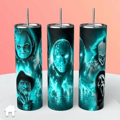 Horror Icons Turquoise Tumbler - Chucky Ghostface Freddy Jason Pennywise
