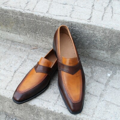 Crafted leather dark brown tan leather moccasin classic loafers dress wedding shoes - Thumbnail 5