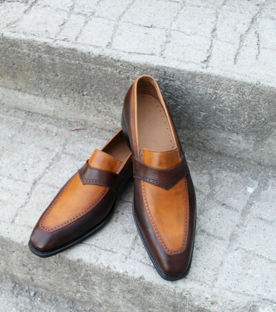 Crafted Leather Dark Brown Tan Leather Moccasin Classic Loafers Dress Wedding Shoes